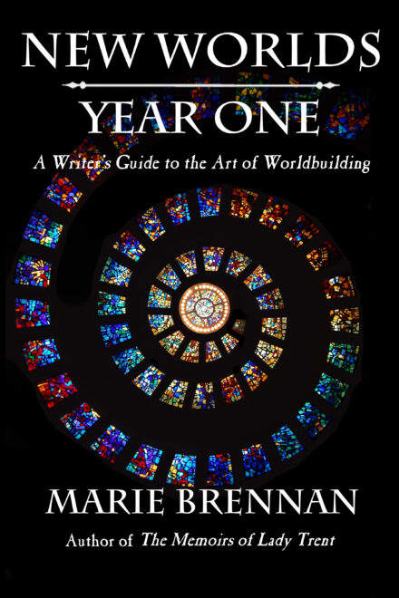 cover art for NEW WORLDS, YEAR ONE, showing a multicolored stained glass spiral on a black background