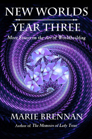 cover art for NEW WORLDS, YEAR THREE, showing a spiral of purple stained glass on a black background