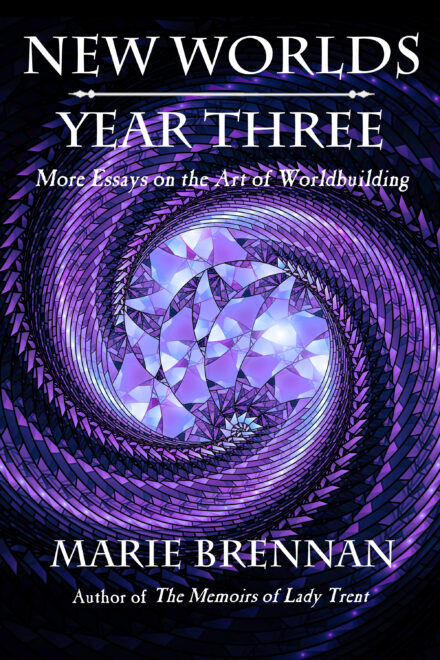 cover art for NEW WORLDS, YEAR THREE, showing a spiral of purple stained glass on a black background