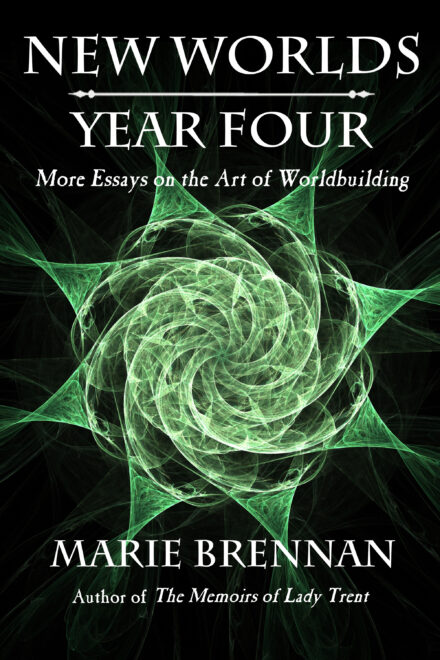 cover art for NEW WORLDS, YEAR FOUR, showing a spiral of green light on a black background