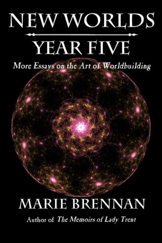 cover art for NEW WORLDS, YEAR FIVE, showing a circle of red lights on a black background