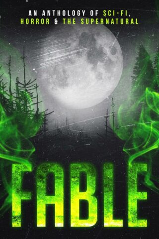 A forest at night with an enormous moon centered overhead; below, the title FABLE wisps into green smoke at either end