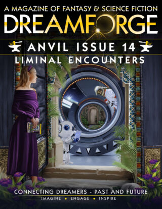 cover art for DreamForge Anvil Issue #14, showing a young woman looking thoughtfully into a portal
