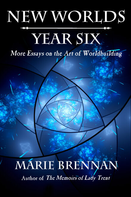 cover art for NEW WORLDS, YEAR SIX, showing a spiral of blue stained glass on a black background