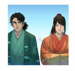 A drawing of two Asian men, one in green kimono, the other in red and orange -- Ryotora and Sekken from Legend of the Five Rings