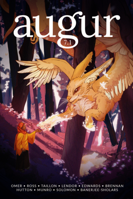 cover art for Augur 7.1, showing a dark-skinned woman in a headscarf reaching out to an enormous winged rabbit in flight