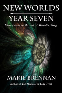cover art for NEW WORLDS, YEAR SEVEN, showing a multicolored spiral of light akin to peacock feathers