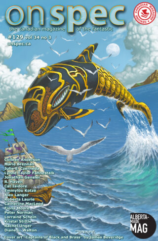 cover art for On Spec #129, showing a blue-and-gold mechanical whale leaping upon a sailing ship