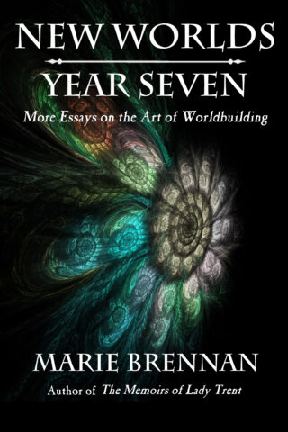 cover art for NEW WORLDS, YEAR SEVEN, showing a peacock spiral of light on a black background
