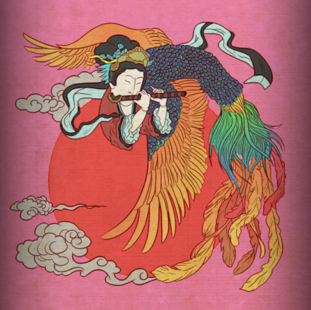 an image in the style of a colored Japanese woodcut, showing a karyoubinga, with the head and arms of a woman and the wings and body of a multicolored bird -- art by Kevin Pabst