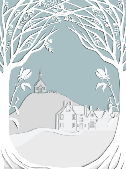 a paper cutout-style illustration of trees framing a village and a church on a hill against a blue sky