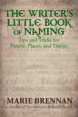 "The Writer's Little Book of Naming: Tips and Tricks for People, Places, and Things" on a sepia background of names from many different languages and cultures