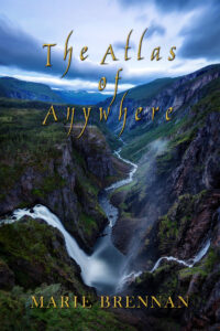 cover art for THE ATLAS OF ANYWHERE, showing a cool, misty river valley with waterfalls pouring down its slopes