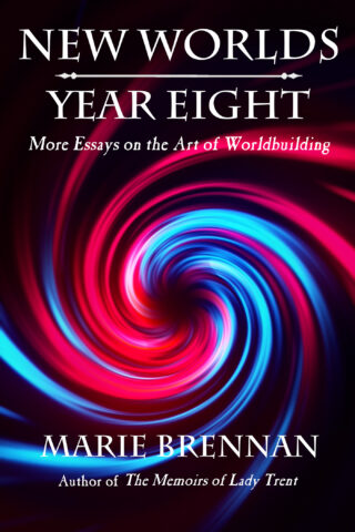 cover art for NEW WORLDS, YEAR EIGHT, showing a red-and-blue spiral on a black background
