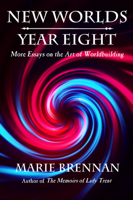 cover art for NEW WORLDS, YEAR EIGHT, showing a red-and-blue spiral on a black background