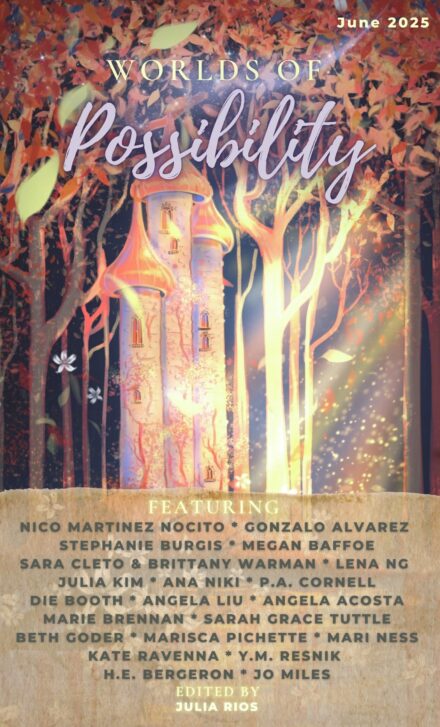 cover art for the June 2025 issue of WORLDS OF POSSIBILITY, showing a tower amid autumnal trees