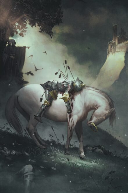 cover art by Teresa Ramos for Old Moon #9, showing a dead knight in armor, shot full of arrows and collapsed over the back of a white horse