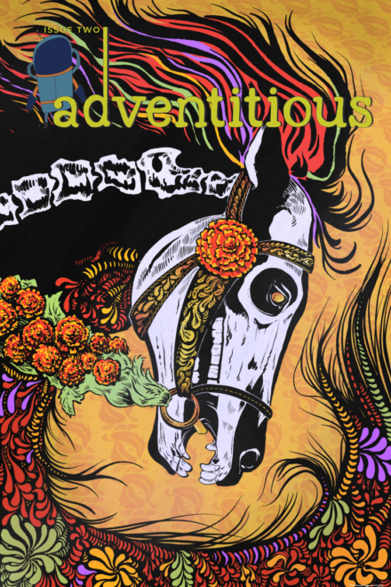 cover art for issue #2 of Adventitious, showing a skeletal horse head bridled with marigolds, a la the Mexican Day of the Dead