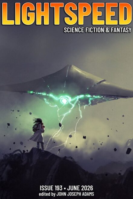 cover art for Lightspeed #193, showing a long-haired figure with their back to the viewer, facing an alien-looking flying craft striking the ground with lightning
