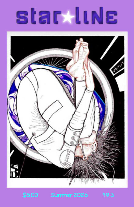 cover art for issue 49.3 of Star*Line, showing a human figure curled tightly in the fetal position and floating upside down, implied to be in a spaceship