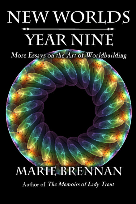 cover art for New Worlds, Year Nine, showing a multicolored spiral of light against a black background