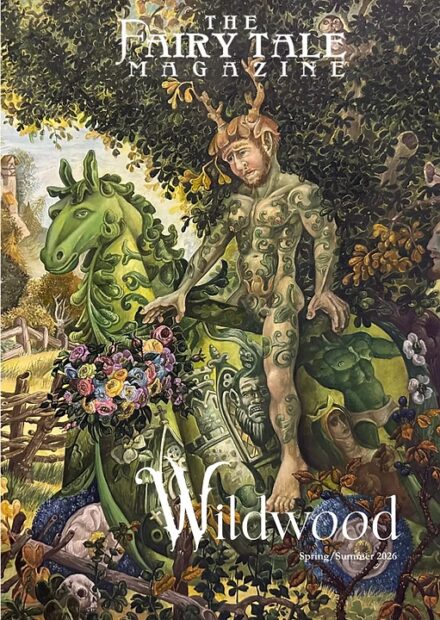 cover art for the Wildwood issue of The Fairy Tale Magazine, showing a horned man with green tattoos emerging from the woods, riding a green horse with a garland of flowers