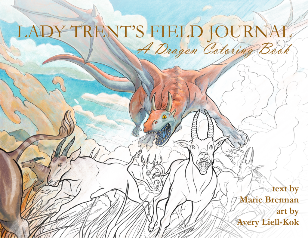 cover art for Lady Trent's Field Journal: A Dragon Coloring Book, showing partially colored-in line art of a dragon swooping down upon a herd of stampeding antelope
