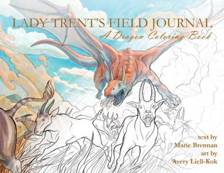 cover art for Lady Trent's Field Journal: A Dragon Coloring Book, showing partially colored-in line art of a dragon swooping down upon a herd of stampeding antelope