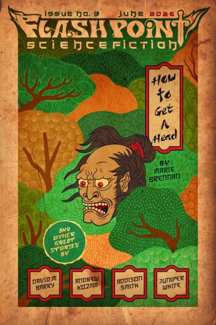 cover art for the third 2026 issue of Flash Point SF, a woodcut-style illustration showing a giant head in the forest
