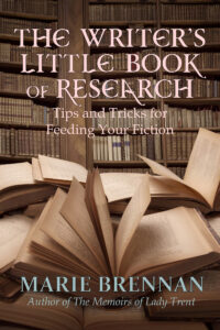 cover art for The Writer's Little Book of Research by Marie Brennan, showing a library and open books