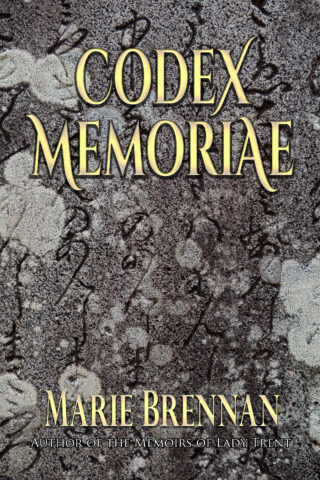 Cover art for CODEX MEMORIAE by Marie Brennan. A grey stone surface is overgrown with lichen and inscribed with weathered Japanese writing.