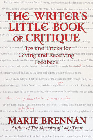 cover art for THE WRITER'S LITTLE BOOK OF CRITIQUE by Marie Brennan, with a faded background showing a manuscript page marked up in red ink