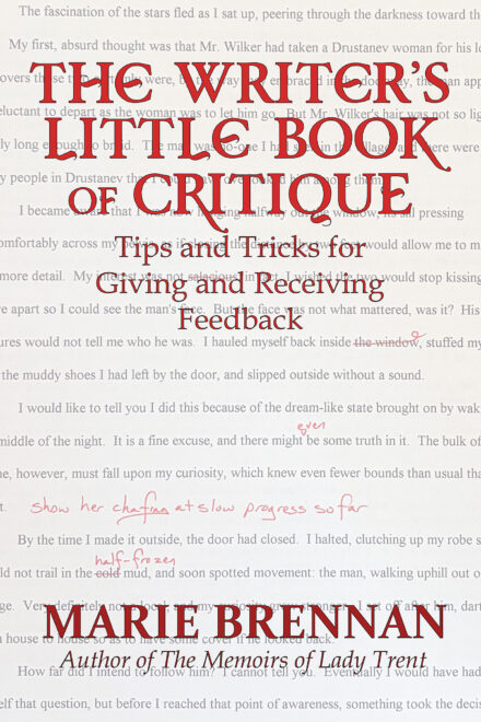 cover art for THE WRITER'S LITTLE BOOK OF CRITIQUE by Marie Brennan, with a faded background showing a manuscript page marked up in red ink